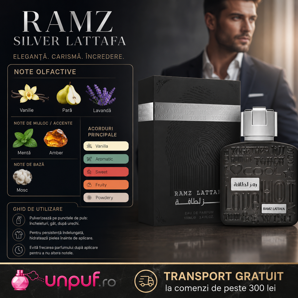 Ramz Silver Lattafa detalii flacon negru capac metalic argintiu